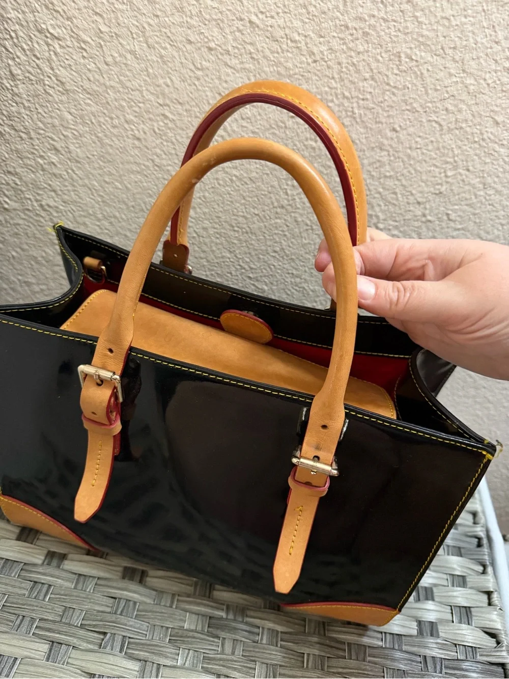 Dooney & Bourke Janine Black Patent Leather Satchel Tote Bag w/ Leather Handles